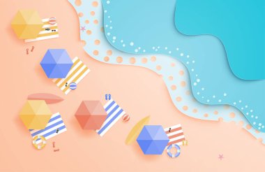 Yaz afişi ya da poster reklamı. Şemsiyeli, taşaklı, yüzme yüzüklü, güneş gözlüklü, sörf tahtalı ve sandaletli deniz dalgalı. Yaz sezonu için promosyon şablonu.