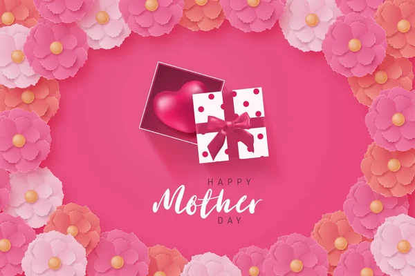 Mother's day poster or banner with heart shape in gift box and many beautiful flower in paper cut style from top view. Shopping promotion template for mother's day.