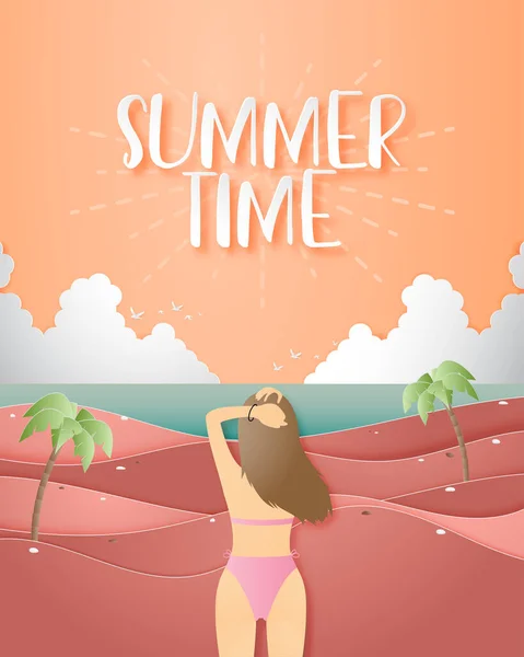 Літній Плакат Дівчиною Бікіні Пляжі Стилі Паперу Реклама Просування Магазинів — стоковий вектор