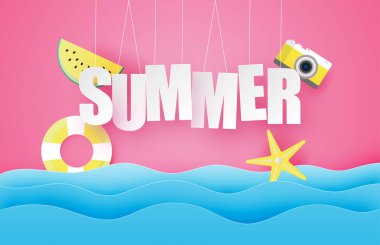 Merhaba yazı posteri ya da afişi asılmış yazı, karpuz, yüzme yüzüğü, kağıt kesiği tarzında deniz dalgası üzerinde yıldız. Vektör illüstrasyon dijital el işi kağıt sanatı. Duvar kağıdı, arkaplan, yaz mevsimi.