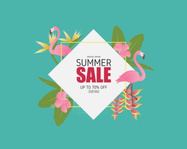 Flamingo kuşlu yaz indirimi afişi, tropikal yapraklar ve kağıt kesim tarzında çiçek. Dijital el işi kağıt sanatı. Yaz sezonu posteri ve geçmişi.