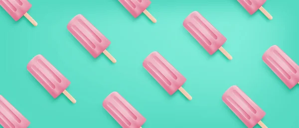 Patrón Realista Helado Rosa Sobre Fondo Verde Banner Temporada Verano — Vector de stock