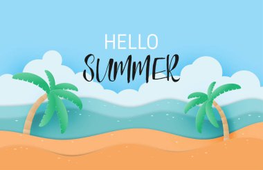 Merhaba yaz manzaralı kum ve deniz posteri ya da kağıt kesim tarzında afiş. Vektör illüstrasyon tatil sezonu.