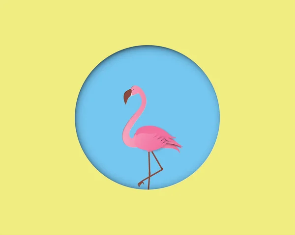 Flamingo Vogel Auf Blauem Hintergrund Mit Gelbem Kreisrahmen Scherenschnitt Stil — Stockvektor