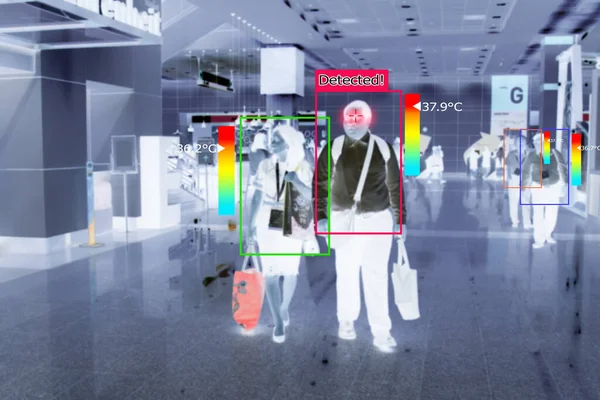 Screen showing video from thermal AI camera, detecting elevated body temperature of people walking in the airport or train station.Coronavirus spread control