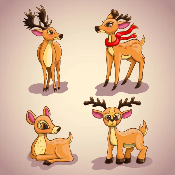 Set s vánoční kreslené jelenů — Stockový vektor