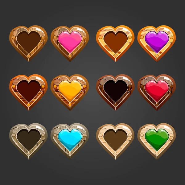 Conjunto grande con diferentes corazones de madera — Vector de stock