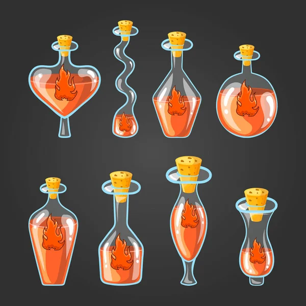 Набір з різними пляшками полум'я зілля — стоковий вектор