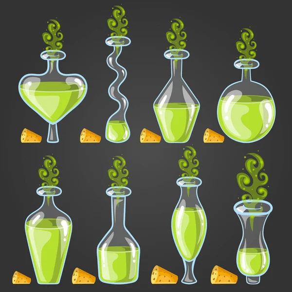 Ställ flaskor av potion med magi rök — Stock vektor