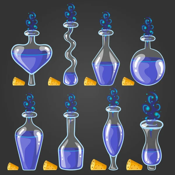 Набор бутылки зелья с волшебным дымом — стоковый вектор