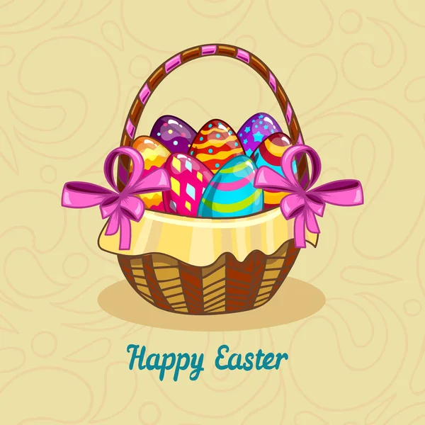 Cartão com ovos de Páscoa em uma cesta — Vetor de Stock