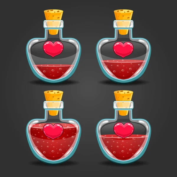 Botellas de corazón con diferente nivel de líquido — Vector de stock