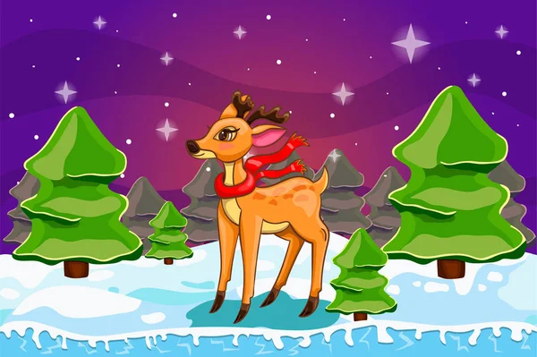 有圣诞树和鹿群的冬季风景 — 图库矢量图片