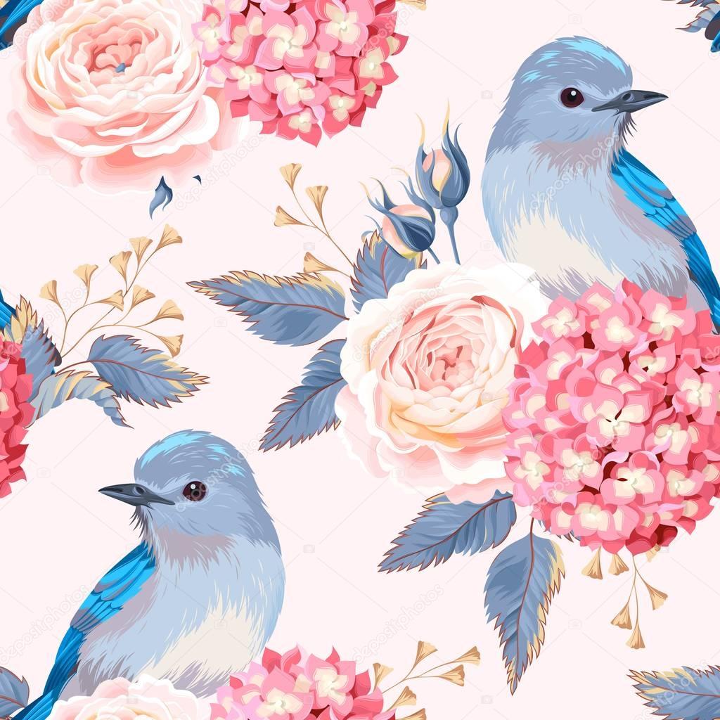 Seamless vintage flowers and birds