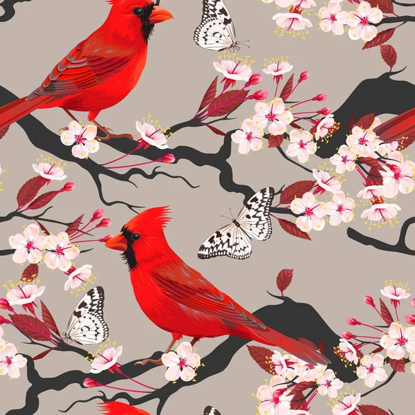 Sömlös kardinal och blommande cherry — Stock vektor