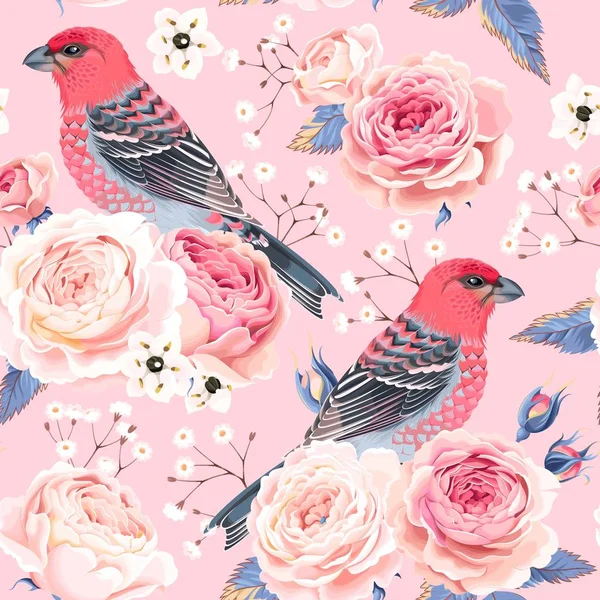 English roses and birds seamless — Stock Vector