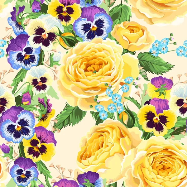 Roses and pansies seamless background — Stock Vector