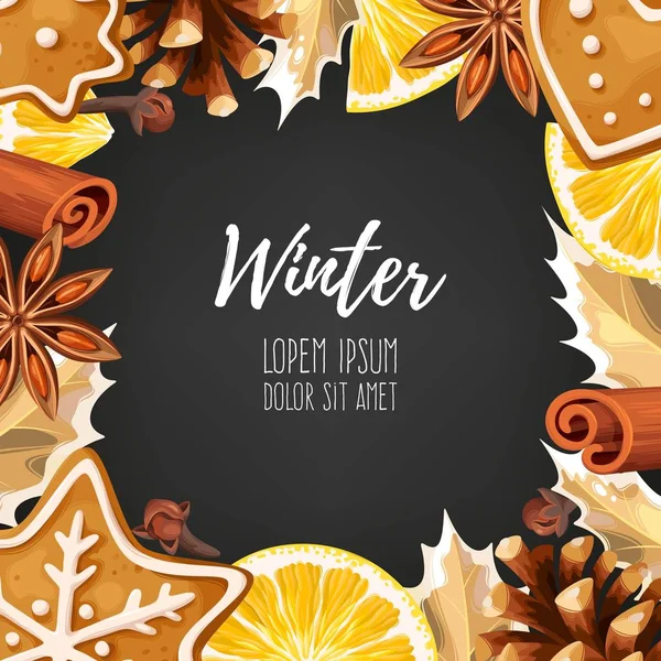 Tarjeta de invierno con pan de jengibre — Vector de stock