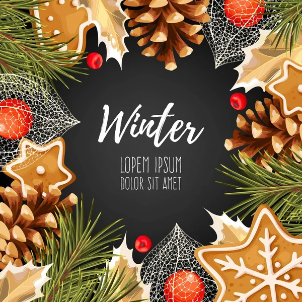 Cartão de inverno com pão de gengibre —  Vetores de Stock