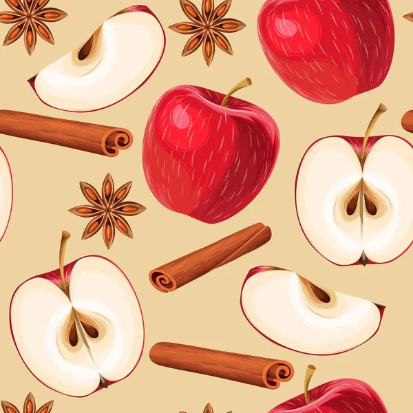 Apfel und Zimt nahtlos — Stockvektor