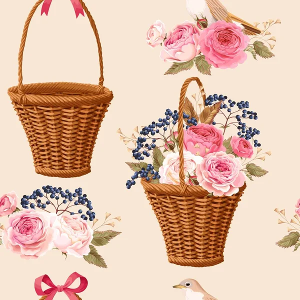 Panier avec des fleurs sans couture — Image vectorielle