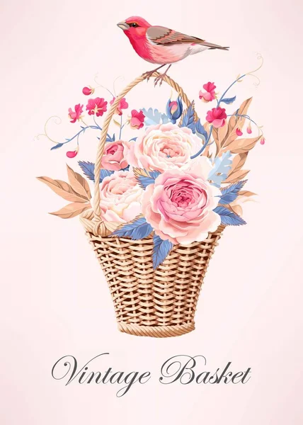 Panier vintage avec fleurs — Image vectorielle