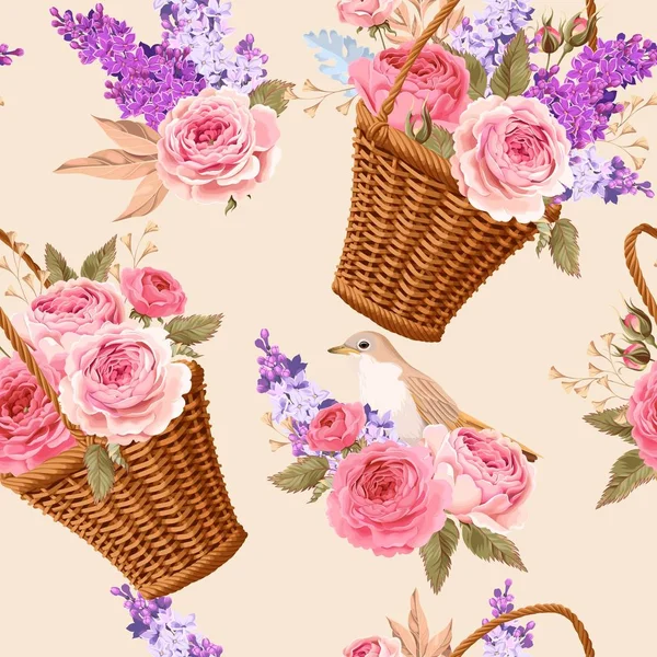 Basket with flowers seamless — Stock Vector