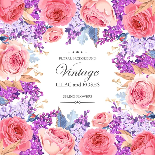 Scheda Vintage con lilla e rose — Vettoriale Stock