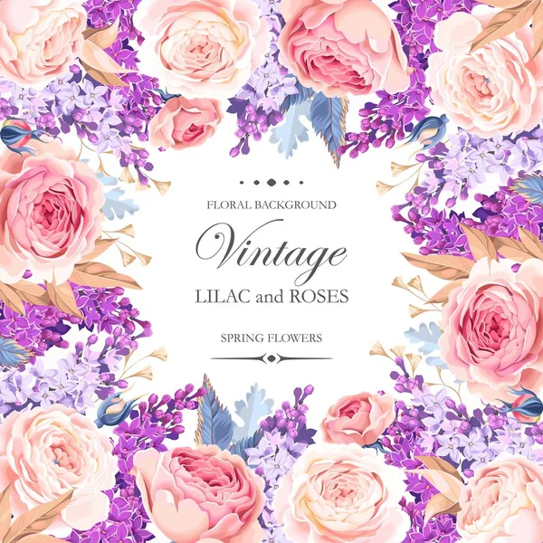 Cartão vintage com lilás e rosas — Vetor de Stock