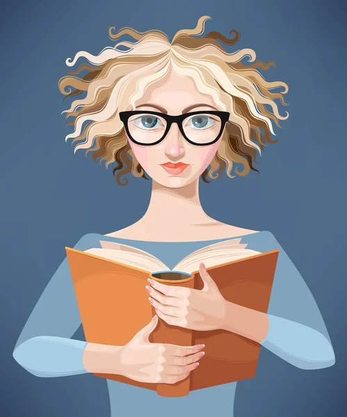 Chica con gafas leyendo un libro — Vector de stock