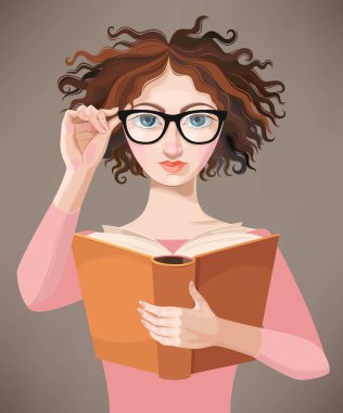 Gözlüklü kız kitap okuyor.