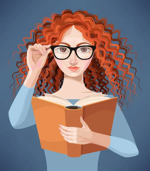 Fille avec des lunettes de lecture d'un livre — Image vectorielle