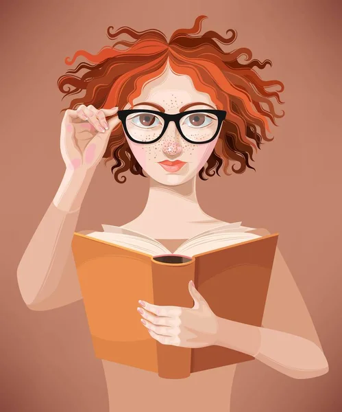 Ragazza con gli occhiali leggere un libro — Vettoriale Stock