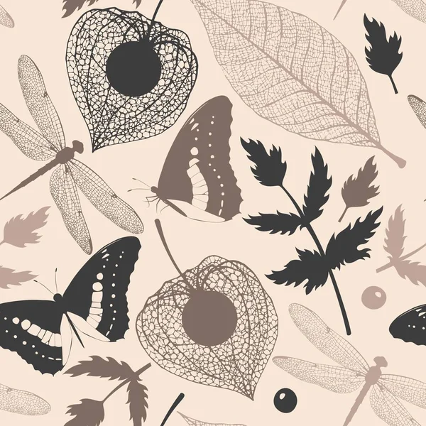 Naadloze insecten en bladeren silhouetten — Stockvector