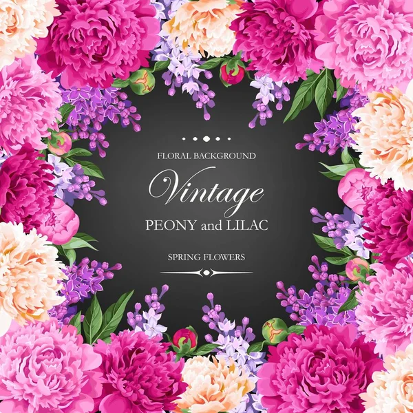 Scheda Vintage con lilla e peonie — Vettoriale Stock