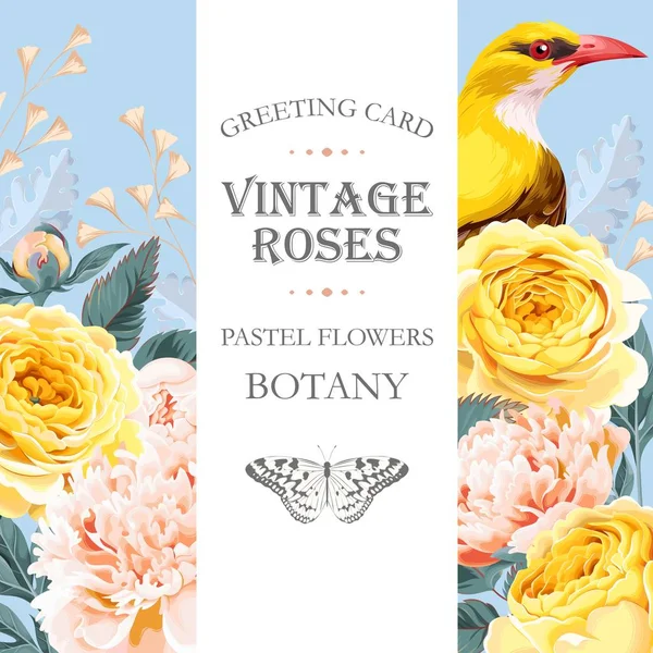 Vintage-Karte mit Rosen und Vogel — Stockvektor