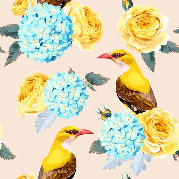 Roses et oiseaux sans couture — Image vectorielle