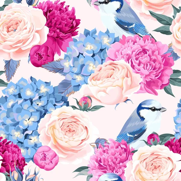 Fleurs et oiseaux sans couture — Image vectorielle