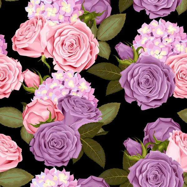 Belles roses et hortensias sans couture — Image vectorielle