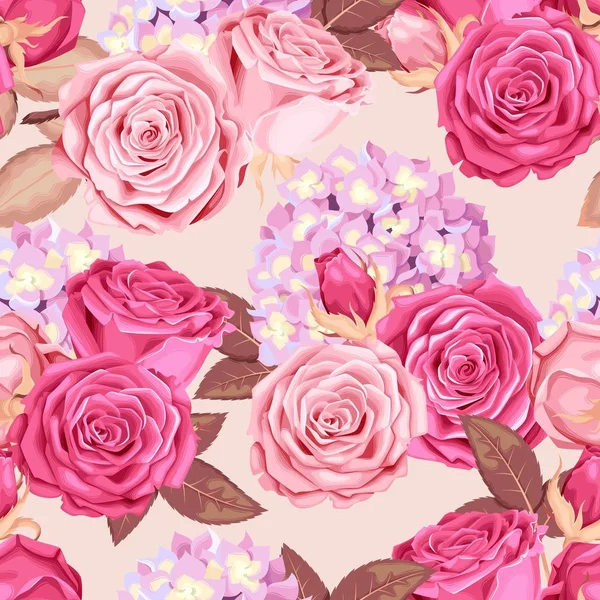 Schöne Rosen und Hortensien nahtlos — Stockvektor