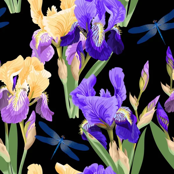 Patrón floral con flores de iris — Vector de stock