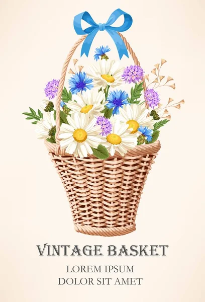 Vintage basket with flowers — Stock Vector