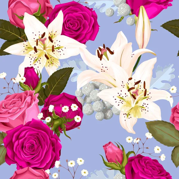 Motif sans couture avec lis et roses — Image vectorielle