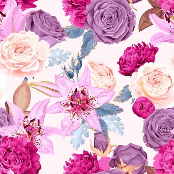 Seamless mönster med liljor och rosor — Stock vektor
