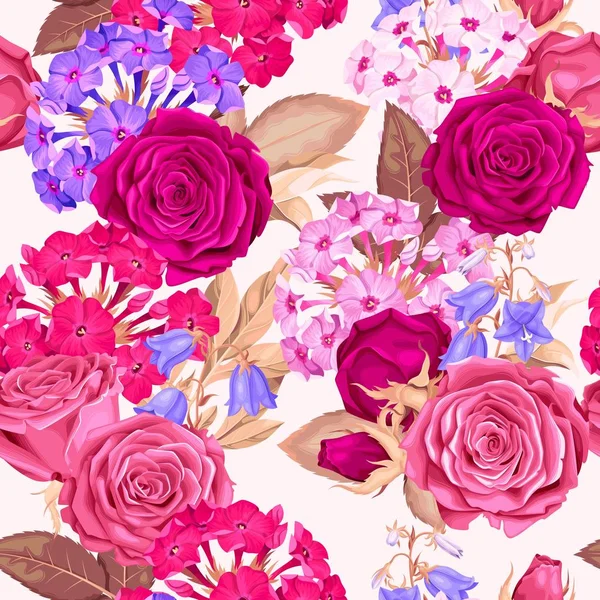 Modèle sans couture avec des phloxes et des roses — Image vectorielle