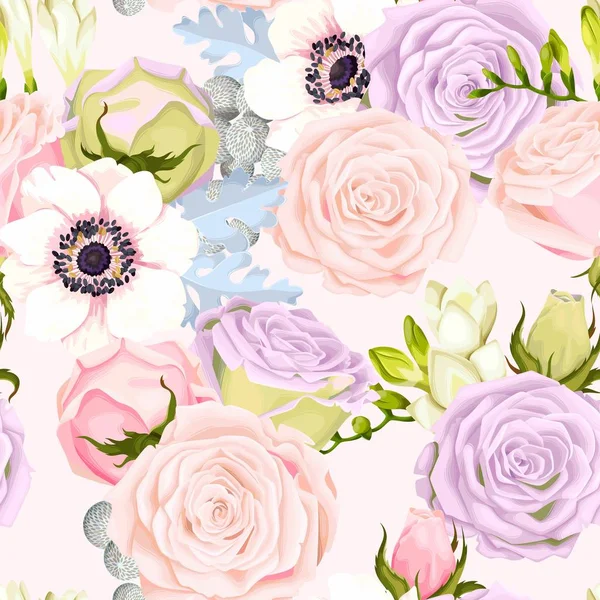 Modèle sans couture avec anémones et roses — Image vectorielle