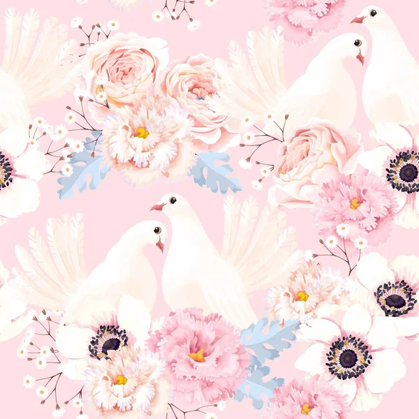 Modèle sans couture avec des fleurs et des colombes — Image vectorielle