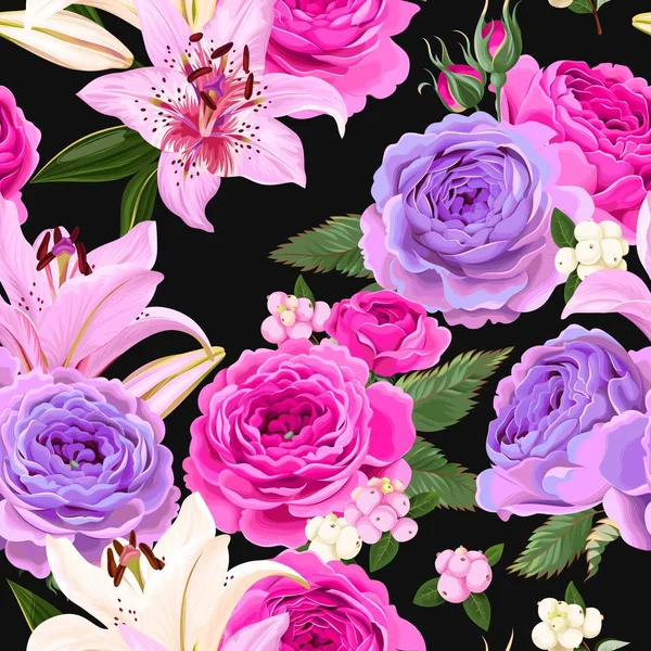 Modèle sans couture avec des roses et des baies — Image vectorielle