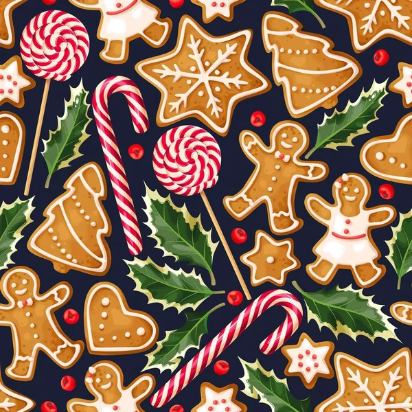 ジンジャーブレッドのクッキーと冬のシームレス パターン — ストックベクタ