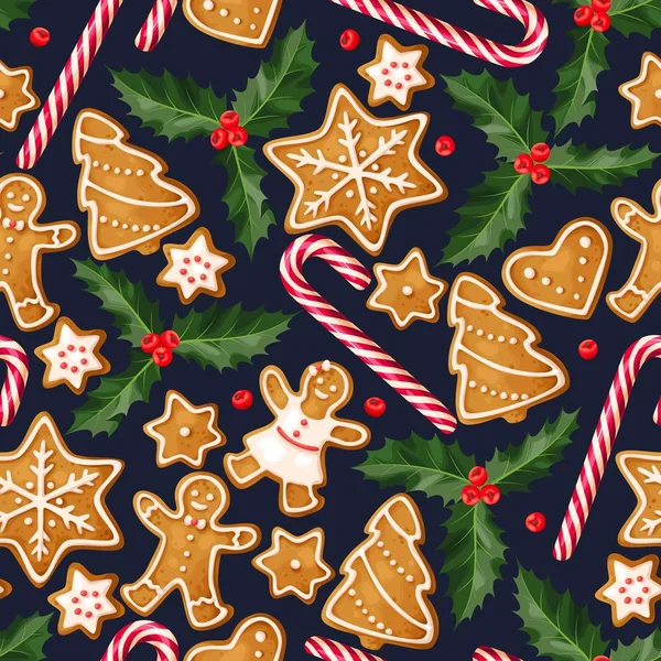 ジンジャーブレッドのクッキーと冬のシームレス パターン — ストックベクタ